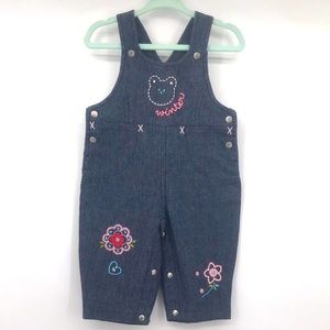 New Denim Chambray Embroidered Floral Snap Button Bib Overalls Jumpsuit NWT